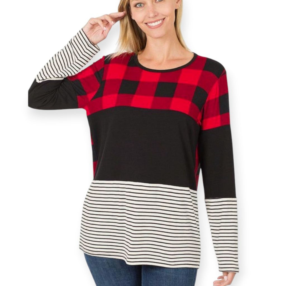 Zenana Buffalo Plaid Long Sleeve Top NWT